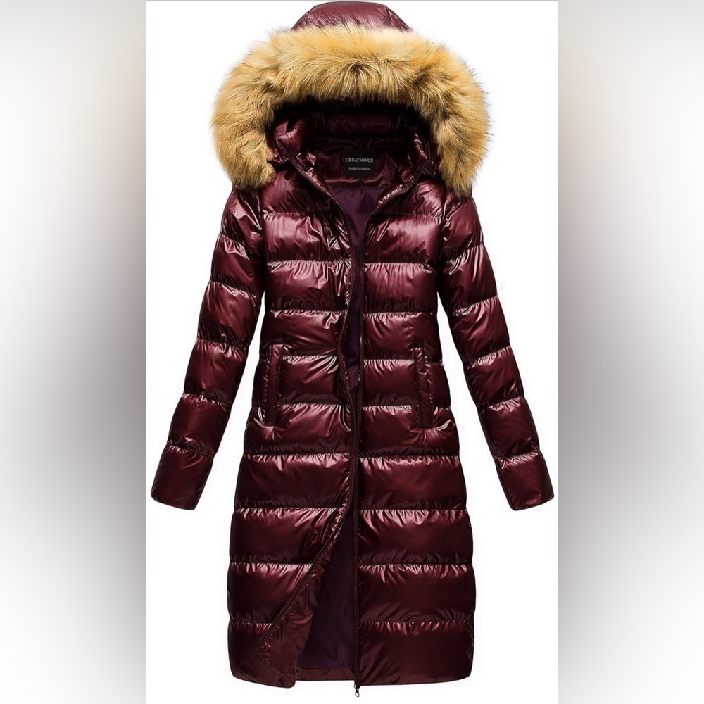 NWT- CREATMO US Women's Long Winter Faux Fur Puffer Jacket with Detachable Hood
